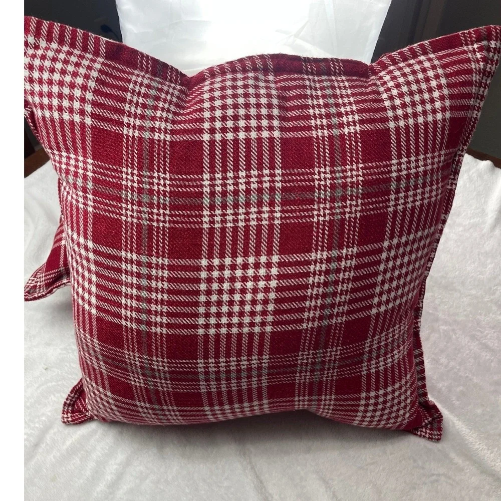 Set of 2 Red White Plaid Square Throw Pillows 18x18 Farmhouse Holiday Decor